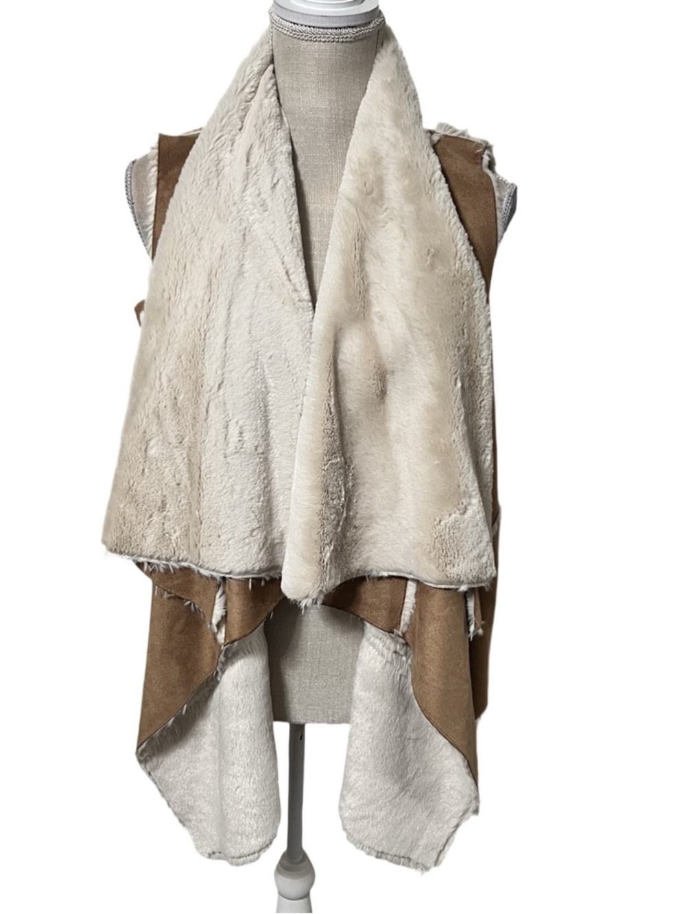 Luxe Faux Suede Shearling Draped Vest in Cream and Brown NWOT